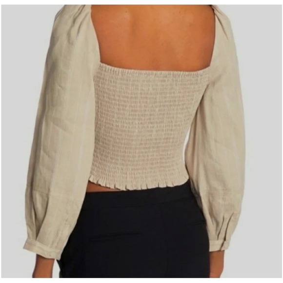 Derek Lam 10 Crosby Women'sLinen Blend Puffy Sleeve Striped Smocked Blouse Sz 4 - Picture 2 of 9